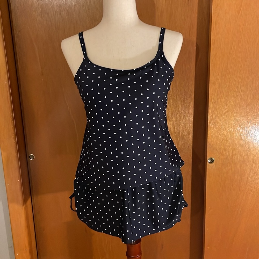 Laura Scott 2 pieces tankini swimsuit , size L. Polka dots color blue and white